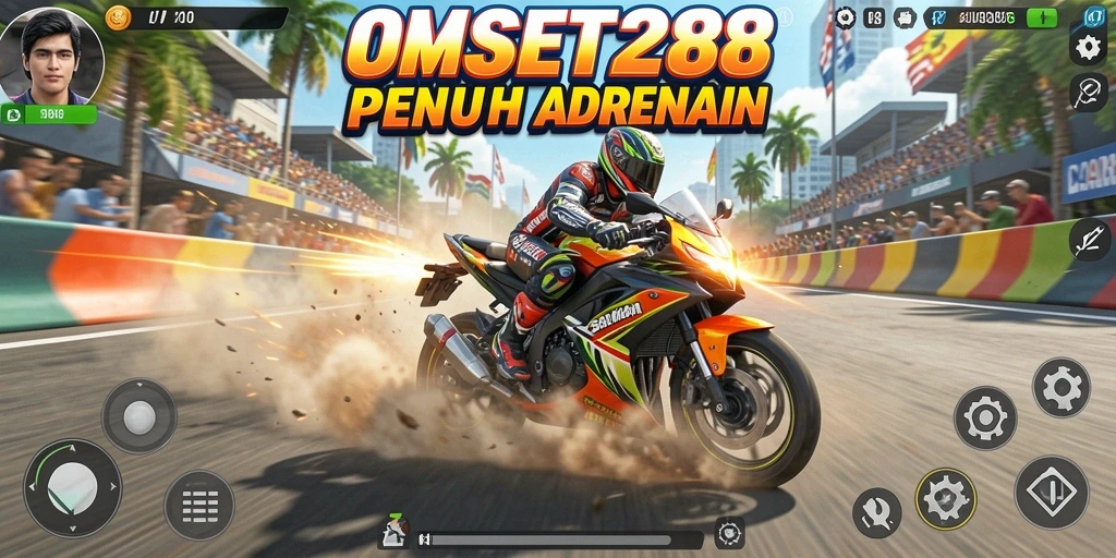 Screenshot OMSET288 menampilkan aksi balapan motor yang seru.