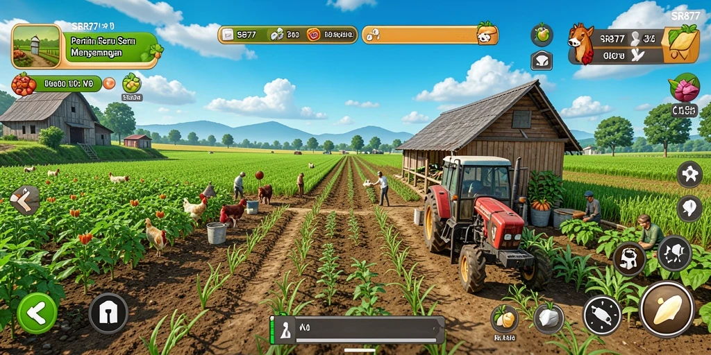 Screenshot menunjukkan pemandangan ladang luas dengan tanaman hijau dan hewan ternak.
